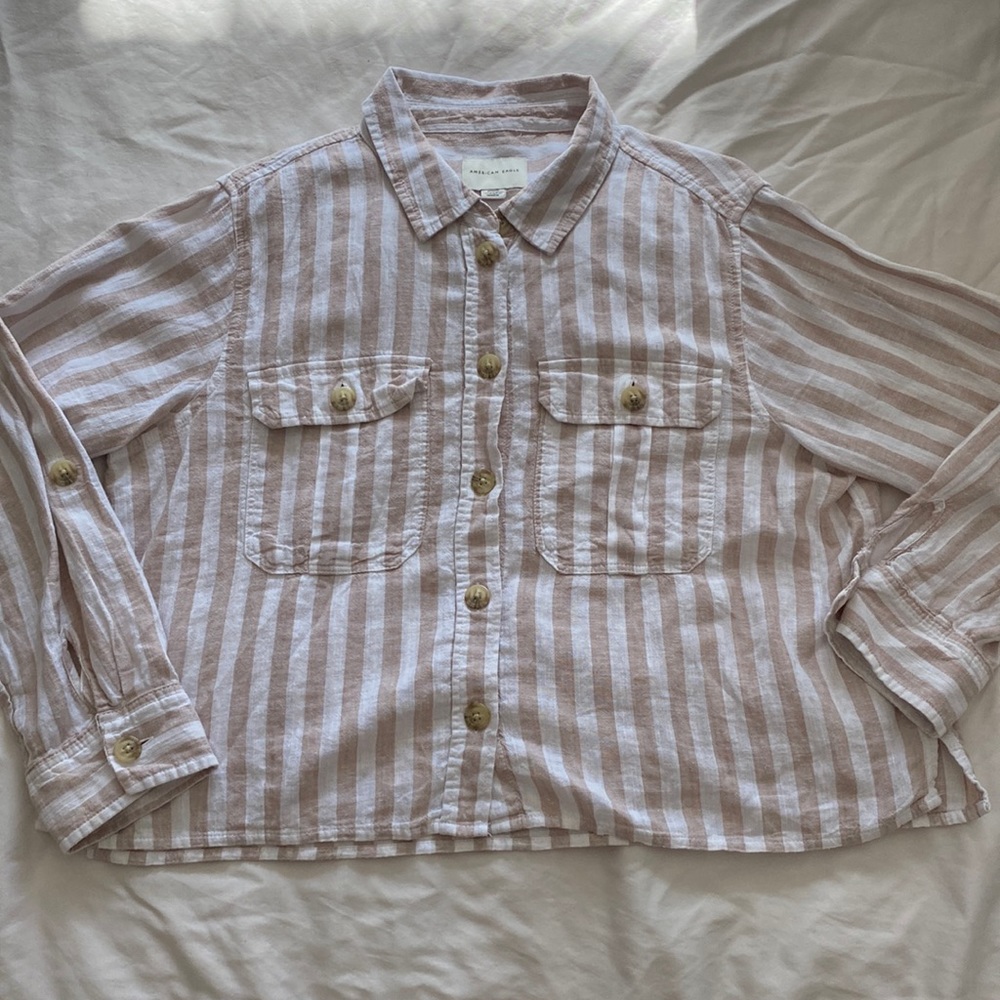 American Eagle long sleeve crop linen striped top (size M)